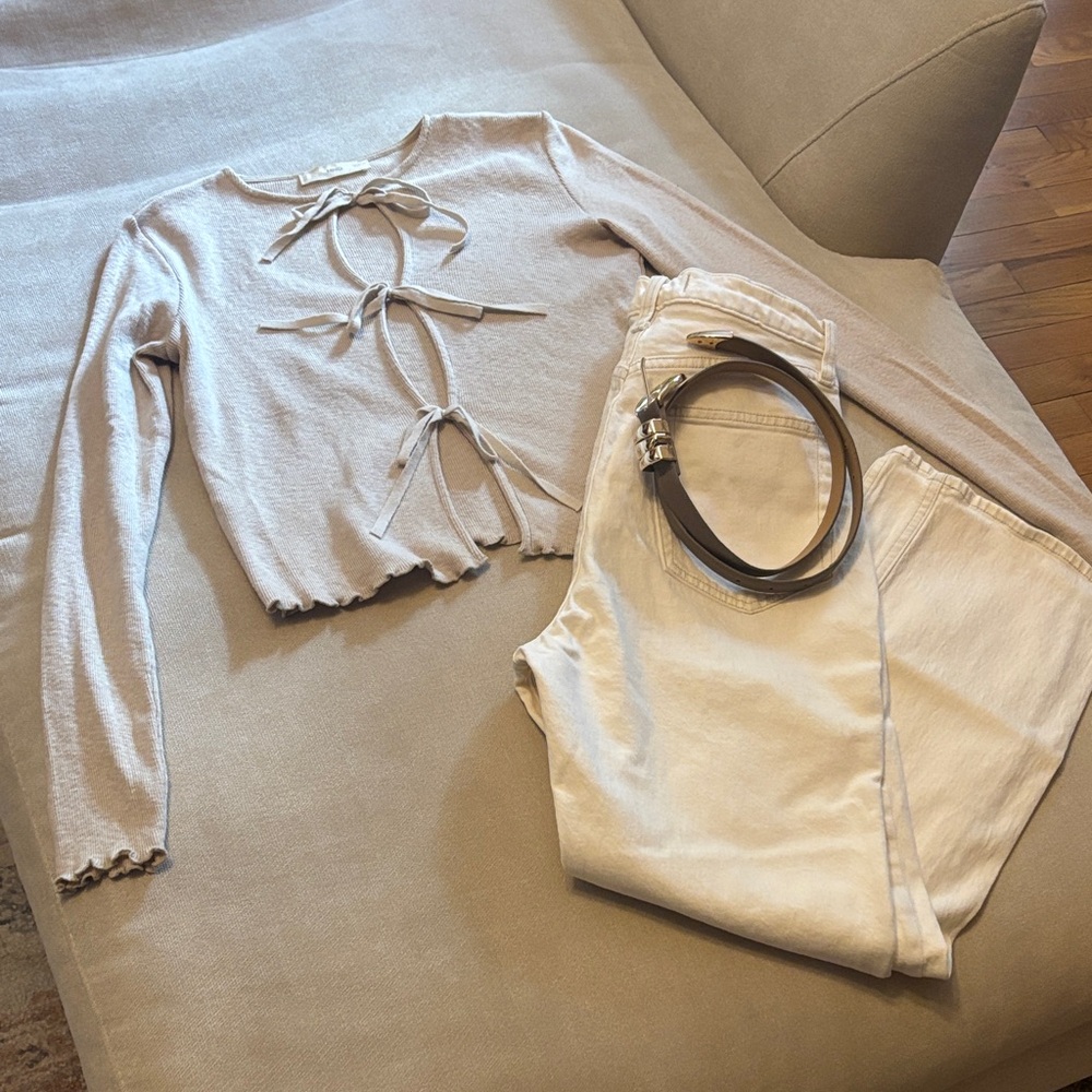 Mango Beige Tie-Front Knit Top